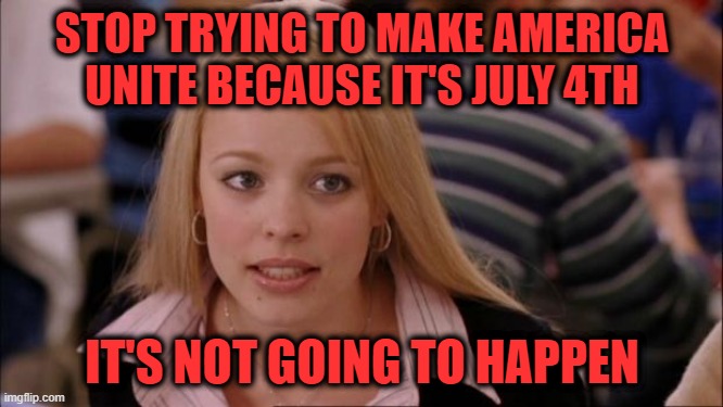 Can't We All Get Along on July 4th? | STOP TRYING TO MAKE AMERICA UNITE BECAUSE IT'S JULY 4TH; IT'S NOT GOING TO HAPPEN | image tagged in memes,its not going to happen,july 4th,unity | made w/ Imgflip meme maker