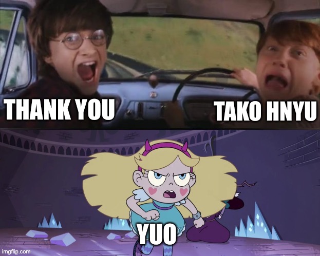 Star Butterfly Chasing Harry and Ron Weasly | THANK YOU TAKO HNYU YUO | image tagged in star butterfly chasing harry and ron weasly | made w/ Imgflip meme maker