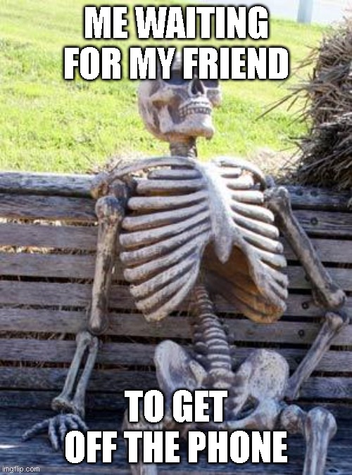 Waiting Skeleton | ME WAITING FOR MY FRIEND; TO GET OFF THE PHONE | image tagged in memes,waiting skeleton | made w/ Imgflip meme maker