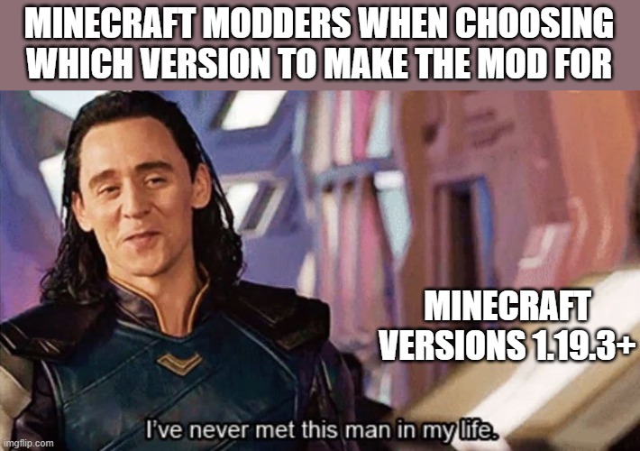 I Have Never Met This Man In My Life | MINECRAFT MODDERS WHEN CHOOSING WHICH VERSION TO MAKE THE MOD FOR; MINECRAFT VERSIONS 1.19.3+ | image tagged in i have never met this man in my life,minecraft mods,minecraft memes | made w/ Imgflip meme maker