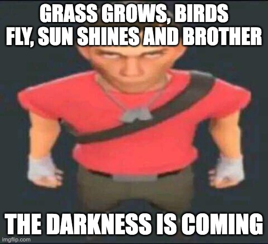 You need to run | GRASS GROWS, BIRDS FLY, SUN SHINES AND BROTHER; THE DARKNESS IS COMING | image tagged in bro,memes,tf2 scout,scout,team fortress 2,tf2 | made w/ Imgflip meme maker