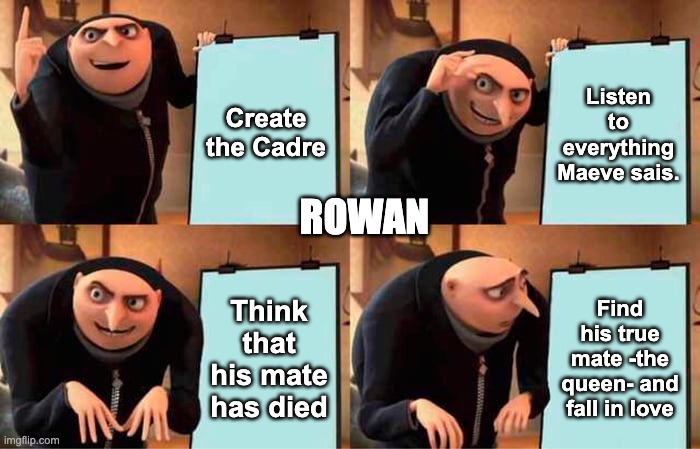 The book Heir of fire with Rowan and aelin | Create the Cadre; Listen to everything Maeve sais. ROWAN; Think that his mate has died; Find his true mate -the queen- and fall in love | image tagged in memes,gru's plan | made w/ Imgflip meme maker