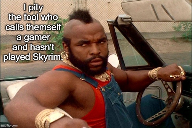 Mr. T. about gamers who haven't played Skyrim | I pity the fool who calls themself a gamer and hasn't played Skyrim. | image tagged in mr t,skyrim,gaming | made w/ Imgflip meme maker