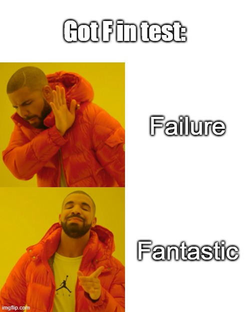 What does it mean when you got F in test | Got F in test:; Failure; Fantastic | image tagged in memes,drake hotline bling | made w/ Imgflip meme maker