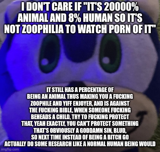 Sonic is angry at something | I DON'T CARE IF "IT'S 20000% ANIMAL AND 8% HUMAN SO IT'S NOT ZOOPHILIA TO WATCH PORN OF IT"; IT STILL HAS A PERCENTAGE OF BEING AN ANIMAL THUS MAKING YOU A FUCKING ZOOPHILE AND YIFF ENJOYER, AND IS AGAINST THE FUCKING BIBLE, WHEN SOMEONE FUCKING BEHEADS A CHILD, TRY TO FUCKING PROTECT THAT, YEAH EXACTLY, YOU CAN'T PROTECT SOMETHING THAT'S OBVIOUSLY A GODDAMN SIN, BLUD, SO NEXT TIME INSTEAD OF BEING A BITCH GO ACTUALLY DO SOME RESEARCH LIKE A NORMAL HUMAN BEING WOULD | image tagged in sonic is angry at something | made w/ Imgflip meme maker