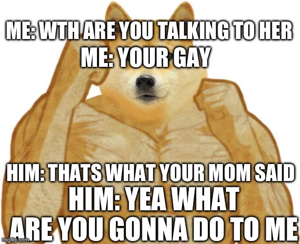 my friend part 1 | ME: WTH ARE YOU TALKING TO HER; ME: YOUR GAY; HIM: THATS WHAT YOUR MOM SAID; HIM: YEA WHAT ARE YOU GONNA DO TO ME | image tagged in buff doge | made w/ Imgflip meme maker