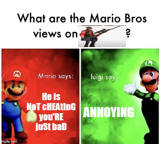 bruh | He is NoT cHEAtInG you'RE juSt baD; ANNOYING | image tagged in mario bros views,bruh,memes,tf2,cheaters,annoying | made w/ Imgflip meme maker