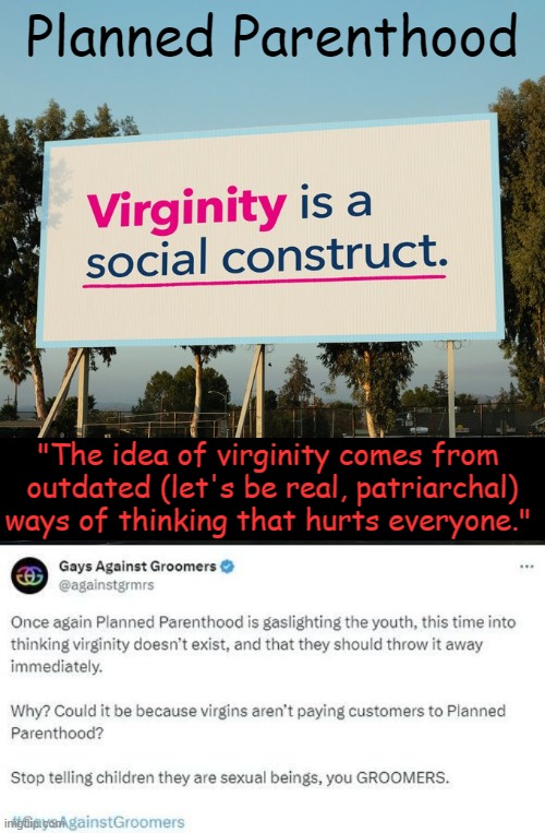 "Promoting promiscuity to make money off abortion, sick."  SundaeFlorida | Planned Parenthood; "The idea of virginity comes from 
outdated (let's be real, patriarchal)
ways of thinking that hurts everyone." | image tagged in politics,planned parenthood,virginity,bad parenting,liberals vs conservatives,woke values | made w/ Imgflip meme maker