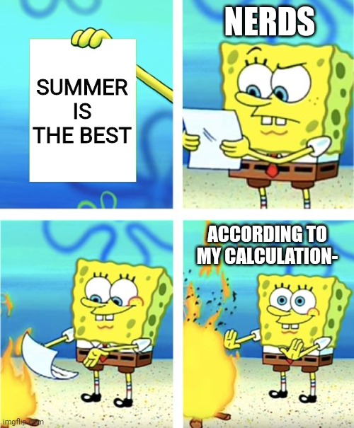 Nerds Have no Fun | NERDS; SUMMER IS THE BEST; ACCORDING TO MY CALCULATION- | image tagged in spongebob burning paper | made w/ Imgflip meme maker