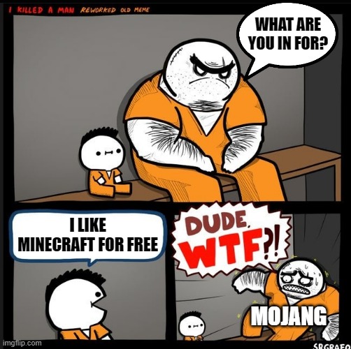 idk | WHAT ARE YOU IN FOR? I LIKE MINECRAFT FOR FREE; MOJANG | image tagged in srgrafo dude wtf | made w/ Imgflip meme maker