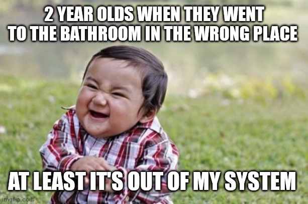 And that's why they call them terrible two's because there evil | 2 YEAR OLDS WHEN THEY WENT TO THE BATHROOM IN THE WRONG PLACE; AT LEAST IT'S OUT OF MY SYSTEM | image tagged in memes,evil toddler,terrible two's,used the potty anywhere,two year olds are just flat out evil | made w/ Imgflip meme maker