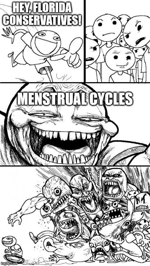 Florida banned discussions of menstrual cycles now too. | HEY, FLORIDA CONSERVATIVES! MENSTRUAL CYCLES | image tagged in memes,hey internet | made w/ Imgflip meme maker