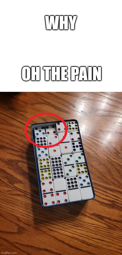 WWWWHHHHHYYYYYYTTT | WHY; OH THE PAIN | image tagged in dominos | made w/ Imgflip meme maker