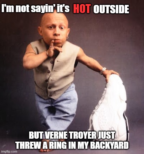 Hot Outside | HOT; I'm not sayin' it's; OUTSIDE; BUT VERNE TROYER JUST THREW A RING IN MY BACKYARD | image tagged in verne troyer,hot,weather,hobbit,lord of the rings | made w/ Imgflip meme maker