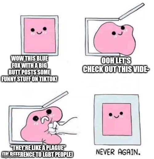 Never again | WOW THIS BLUE FOX WITH A BIG BUTT POSTS SOME FUNNY STUFF ON TIKTOK! OOH LET'S CHECK OUT THIS VIDE-; "THEY'RE LIKE A PLAGUE" (IN REFERENCE TO LGBT PEOPLE) | image tagged in never again,furrymemes | made w/ Imgflip meme maker