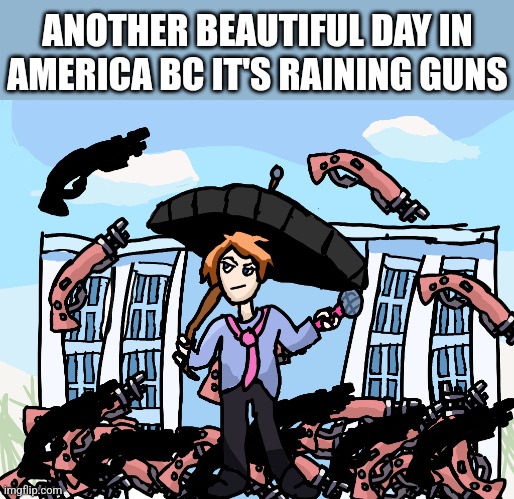 ANOTHER BEAUTIFUL DAY IN AMERICA BC IT'S RAINING GUNS | image tagged in funny memes | made w/ Imgflip meme maker