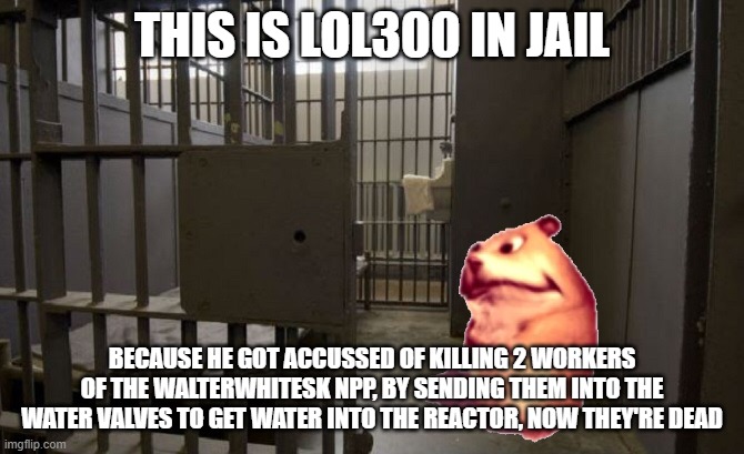 Jail cell | THIS IS LOL300 IN JAIL; BECAUSE HE GOT ACCUSSED OF KILLING 2 WORKERS OF THE WALTERWHITESK NPP, BY SENDING THEM INTO THE WATER VALVES TO GET WATER INTO THE REACTOR, NOW THEY'RE DEAD | image tagged in jail cell | made w/ Imgflip meme maker