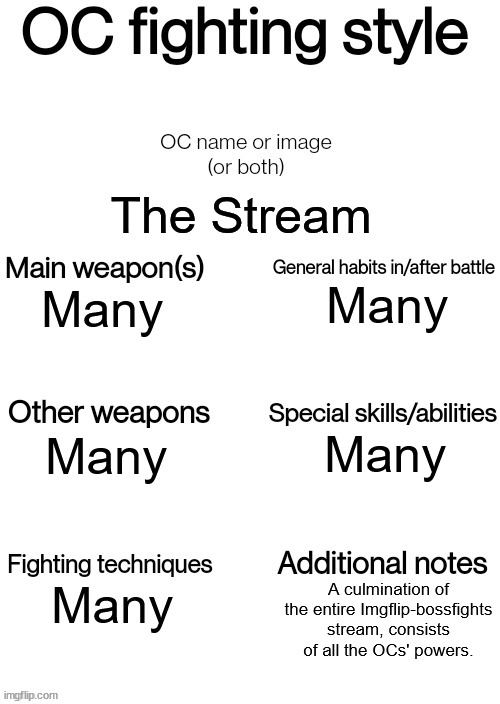 OC fighting style | The Stream Many Many Many Many Many A culmination of the entire Imgflip-bossfights stream, consists of all the OCs' powers. | image tagged in oc fighting style | made w/ Imgflip meme maker