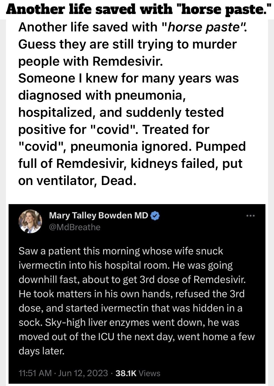 Another life saved with "horse paste." | image tagged in ivermectin,horse paste | made w/ Imgflip meme maker