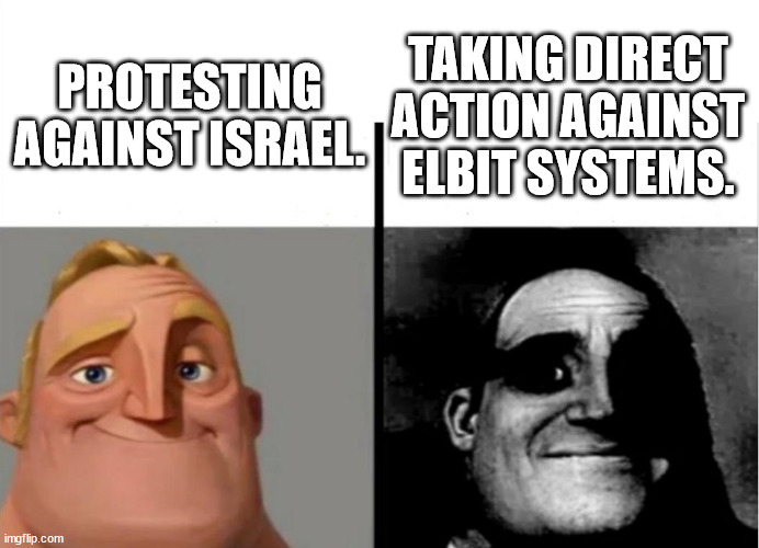 THE LAW BE LIKE | TAKING DIRECT ACTION AGAINST ELBIT SYSTEMS. PROTESTING AGAINST ISRAEL. | image tagged in teacher's copy | made w/ Imgflip meme maker