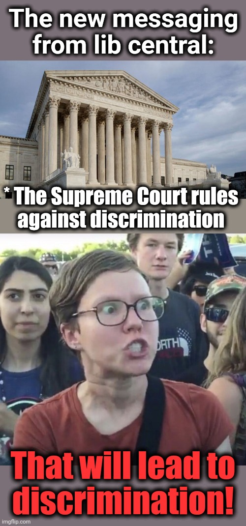 The new messaging
from lib central:; * The Supreme Court rules
against discrimination; That will lead to
discrimination! | image tagged in supreme court,triggered feminist,discrimination,democrats,lies,liberal logic | made w/ Imgflip meme maker