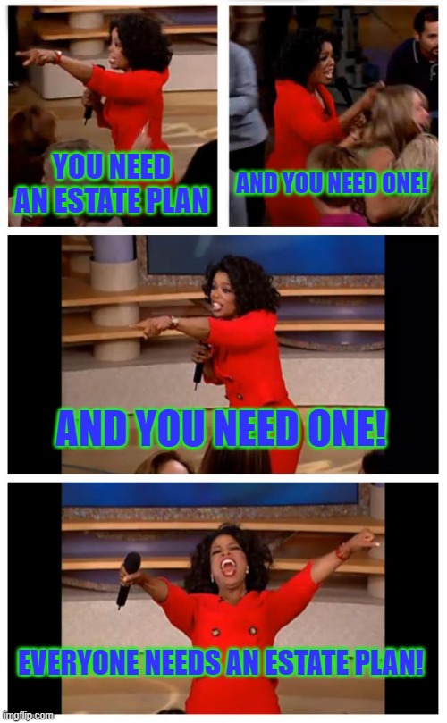 Everyone needs an Estate Plan | YOU NEED AN ESTATE PLAN; AND YOU NEED ONE! AND YOU NEED ONE! EVERYONE NEEDS AN ESTATE PLAN! | image tagged in memes,oprah you get a car everybody gets a car | made w/ Imgflip meme maker