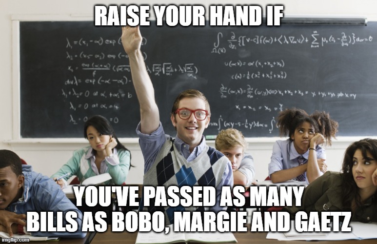 raised hand | RAISE YOUR HAND IF; YOU'VE PASSED AS MANY BILLS AS BOBO, MARGIE AND GAETZ | image tagged in raised hand | made w/ Imgflip meme maker