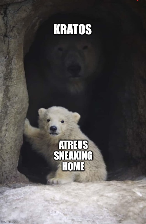 Polar Bear Hiding Behind Cub | KRATOS; ATREUS SNEAKING HOME | image tagged in polar bear hiding behind cub,god of war,god of war ragnarok,kratos,polar bear,atreus | made w/ Imgflip meme maker
