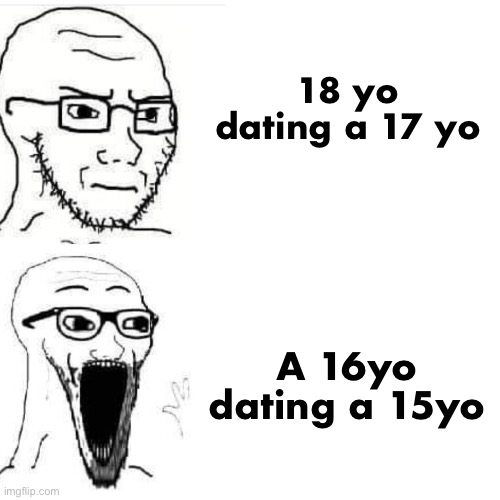 Soyjack not impressed. Soyjack impressed | 18 yo dating a 17 yo; A 16yo dating a 15yo | image tagged in soyjack not impressed soyjack impressed | made w/ Imgflip meme maker