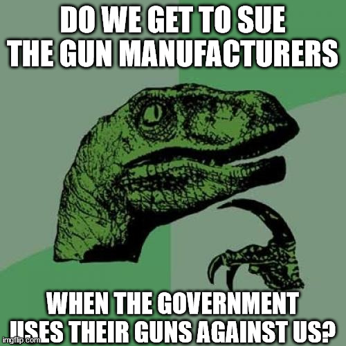 Philosoraptor Meme | DO WE GET TO SUE THE GUN MANUFACTURERS WHEN THE GOVERNMENT USES THEIR GUNS AGAINST US? | image tagged in memes,philosoraptor | made w/ Imgflip meme maker