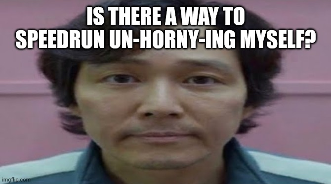 gi hun stare | IS THERE A WAY TO SPEEDRUN UN-HORNY-ING MYSELF? | image tagged in gi hun stare | made w/ Imgflip meme maker