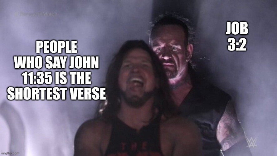 "Jesus wept" versus literally just "He said" | JOB 3:2; PEOPLE WHO SAY JOHN 11:35 IS THE SHORTEST VERSE | image tagged in aj styles undertaker,bible verse,bible | made w/ Imgflip meme maker