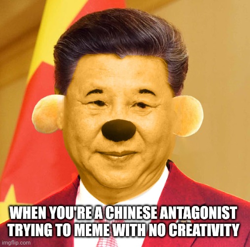 XinPing The Pooh | WHEN YOU'RE A CHINESE ANTAGONIST 
TRYING TO MEME WITH NO CREATIVITY | image tagged in xinping the pooh | made w/ Imgflip meme maker