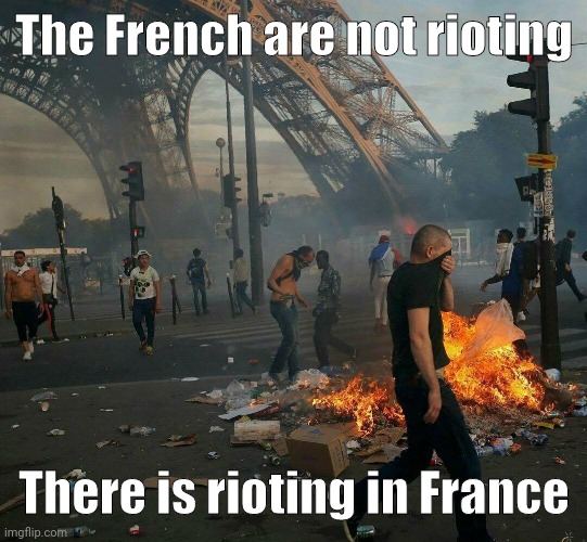 Most of these peaceful protesters aren't even French. | The French are not rioting; There is rioting in France | image tagged in memes | made w/ Imgflip meme maker