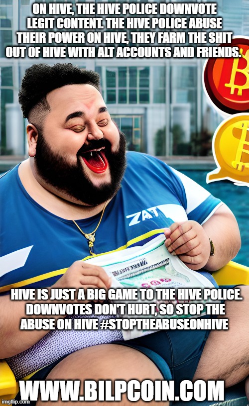ON HIVE, THE HIVE POLICE DOWNVOTE LEGIT CONTENT. THE HIVE POLICE ABUSE THEIR POWER ON HIVE, THEY FARM THE SHIT OUT OF HIVE WITH ALT ACCOUNTS AND FRIENDS. HIVE IS JUST A BIG GAME TO THE HIVE POLICE.

DOWNVOTES DON'T HURT, SO STOP THE ABUSE ON HIVE #STOPTHEABUSEONHIVE; WWW.BILPCOIN.COM | made w/ Imgflip meme maker