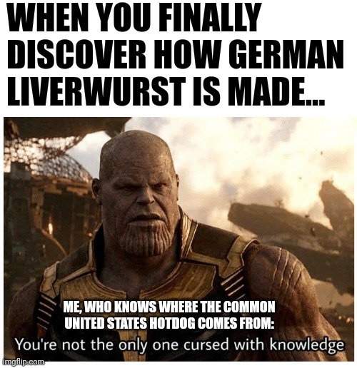 Hotdog origins is cursed knowledge | WHEN YOU FINALLY DISCOVER HOW GERMAN LIVERWURST IS MADE... ME, WHO KNOWS WHERE THE COMMON UNITED STATES HOTDOG COMES FROM: | image tagged in thanos cursed with knowledge | made w/ Imgflip meme maker