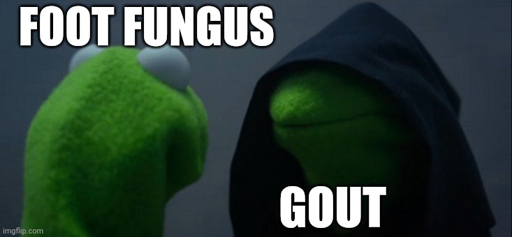 Gout is worse, according to my friend's uncle | FOOT FUNGUS; GOUT | image tagged in memes,evil kermit | made w/ Imgflip meme maker