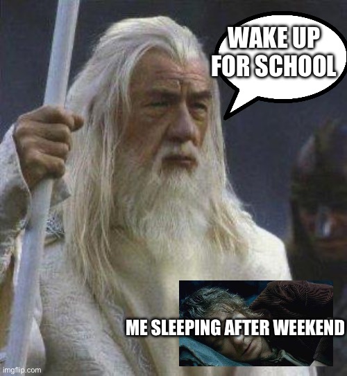 gandalf | WAKE UP FOR SCHOOL; ME SLEEPING AFTER WEEKEND | image tagged in gandalf,wake up,school,weekend | made w/ Imgflip meme maker