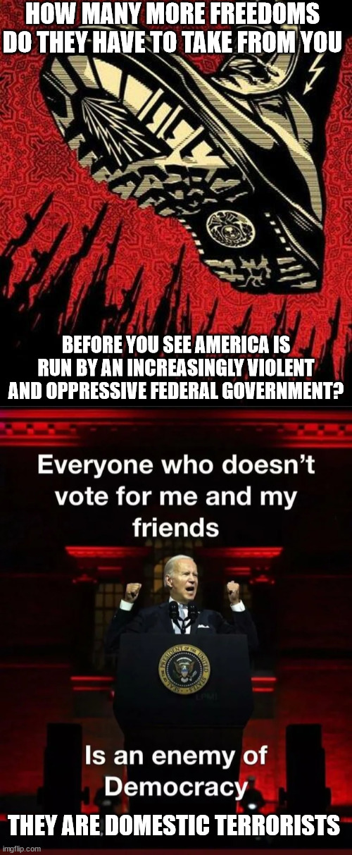 Who did nazi this coming? | HOW MANY MORE FREEDOMS DO THEY HAVE TO TAKE FROM YOU; BEFORE YOU SEE AMERICA IS RUN BY AN INCREASINGLY VIOLENT AND OPPRESSIVE FEDERAL GOVERNMENT? THEY ARE DOMESTIC TERRORISTS | image tagged in dictator,joe biden,military,deep state | made w/ Imgflip meme maker