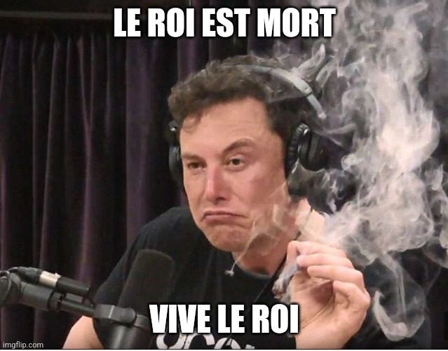 Elon Musk smoking a joint | LE ROI EST MORT; VIVE LE ROI | image tagged in elon musk smoking a joint | made w/ Imgflip meme maker