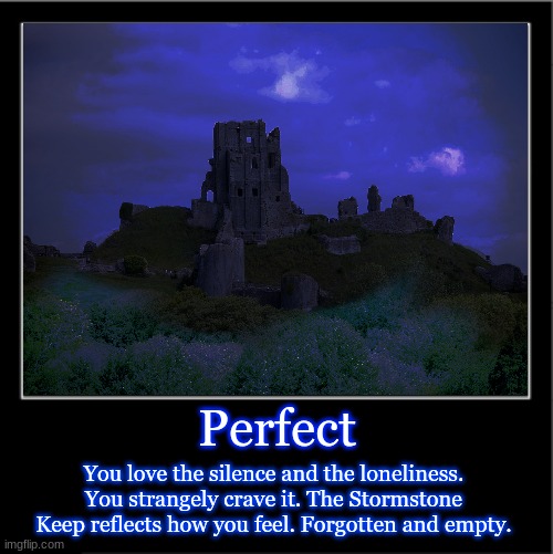 Perfect; You love the silence and the loneliness. You strangely crave it. The Stormstone Keep reflects how you feel. Forgotten and empty. | made w/ Imgflip meme maker