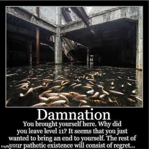 Damnation; You brought yourself here. Why did you leave level 11? It seems that you just wanted to bring an end to yourself. The rest of your pathetic existence will consist of regret... | made w/ Imgflip meme maker