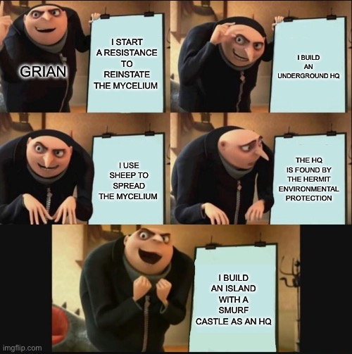 Grian’s mycelium resistance plan | I START A RESISTANCE TO REINSTATE THE MYCELIUM; I BUILD AN UNDERGROUND HQ; GRIAN; THE HQ IS FOUND BY THE HERMIT ENVIRONMENTAL PROTECTION; I USE SHEEP TO SPREAD THE MYCELIUM; I BUILD AN ISLAND WITH A SMURF CASTLE AS AN HQ | image tagged in 5 panel gru meme | made w/ Imgflip meme maker
