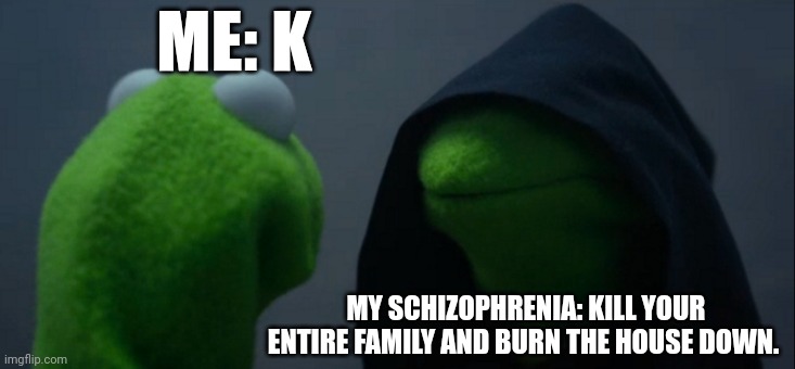 Evil Kermit | ME: K; MY SCHIZOPHRENIA: KILL YOUR ENTIRE FAMILY AND BURN THE HOUSE DOWN. | image tagged in memes,evil kermit | made w/ Imgflip meme maker