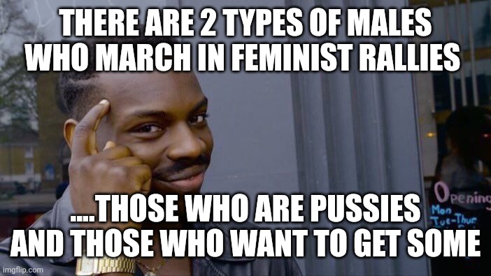 Simple really | THERE ARE 2 TYPES OF MALES WHO MARCH IN FEMINIST RALLIES; ....THOSE WHO ARE PUSSIES AND THOSE WHO WANT TO GET SOME | image tagged in memes,roll safe think about it | made w/ Imgflip meme maker