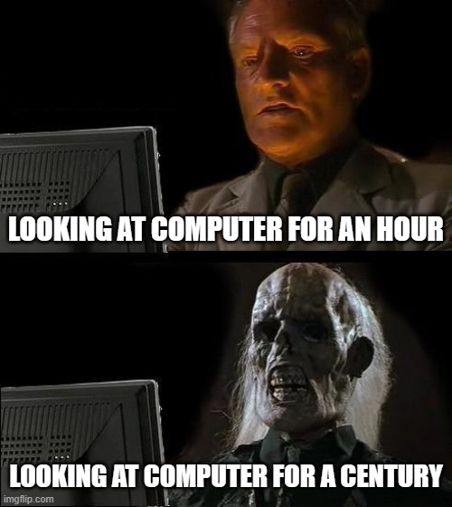 playing video game for life | LOOKING AT COMPUTER FOR AN HOUR; LOOKING AT COMPUTER FOR A CENTURY | image tagged in memes,i'll just wait here,bruh | made w/ Imgflip meme maker
