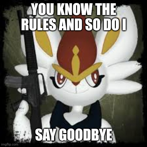 Cinderace with a gun | YOU KNOW THE RULES AND SO DO I SAY GOODBYE | image tagged in cinderace with a gun | made w/ Imgflip meme maker