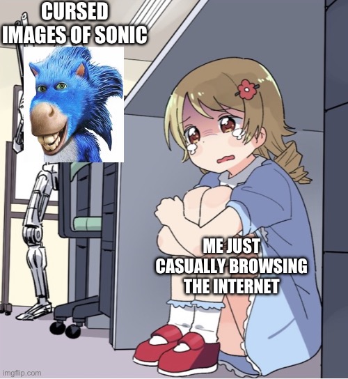 Sonic fandom be like: | CURSED IMAGES OF SONIC; ME JUST CASUALLY BROWSING THE INTERNET | image tagged in anime girl hiding from terminator | made w/ Imgflip meme maker