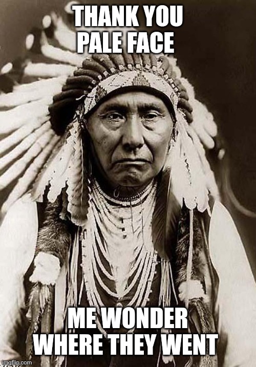 Indian Chief | THANK YOU PALE FACE ME WONDER WHERE THEY WENT | image tagged in indian chief | made w/ Imgflip meme maker