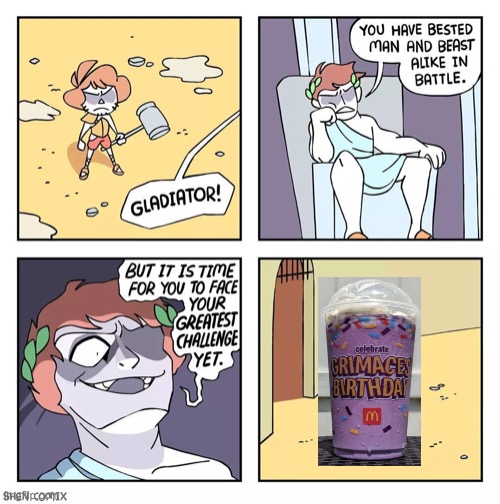 THE GRIMACE SHAKE | image tagged in shen comix gladiator,memes,funny,grimace,champions,idk | made w/ Imgflip meme maker